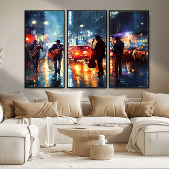 94605-MGV-FC-48X32-3P_Black-City Jazz Night Wall Art – Vibrant Music Canvas Print Featuring Saxophone, Guitar and Bass Players, Urban Street Scene Artwork for