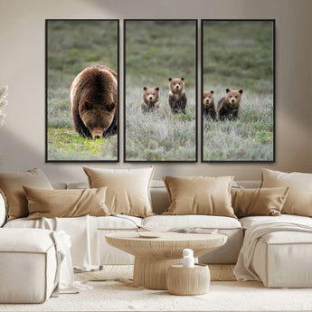 65087B-MGV-FC-48X32-3P_Black-Bear Family Wall Art – Wildlife Canvas Print Featuring Mother Bear with Cubs in Nature, Rustic Animal Artwork for Living Room,