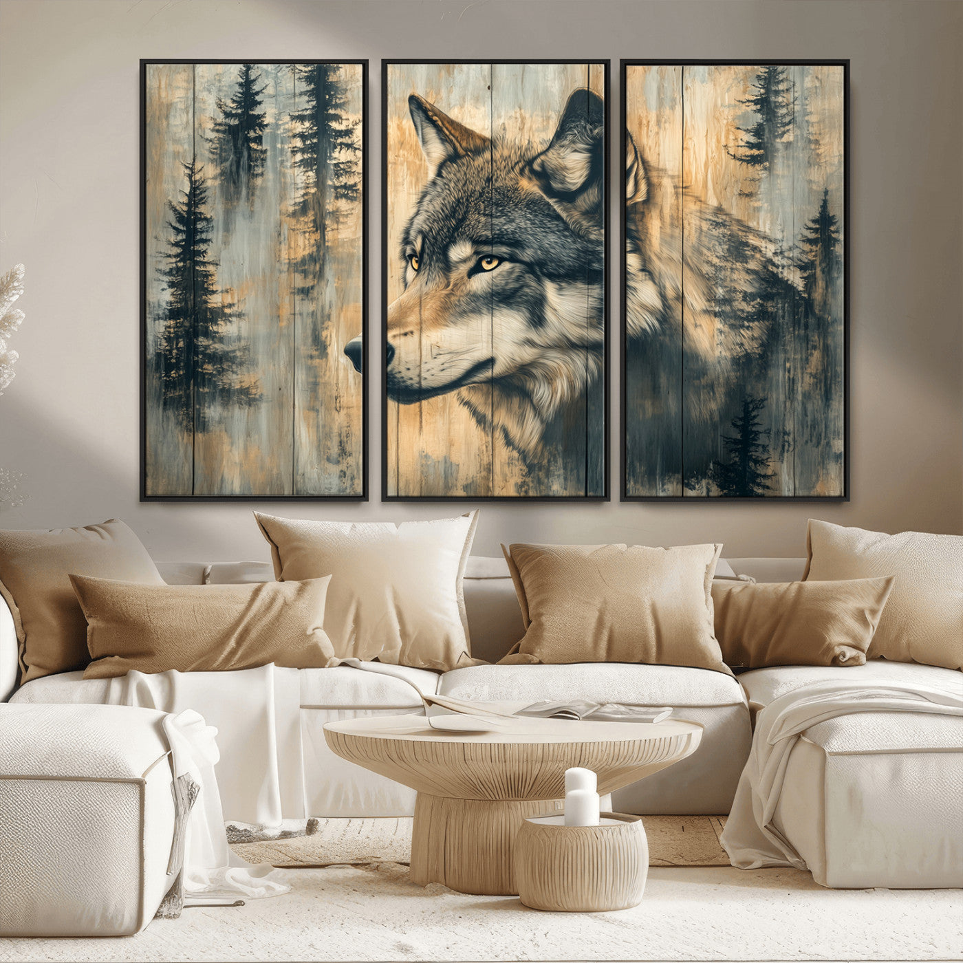 51892-MGV-FC-48X32-3P_Black-Wolf Wall Art – Rustic Canvas Print of Wolf with Forest Trees on Wood Texture, Wildlife Lodge Artwork for Living Room, Bedroom,