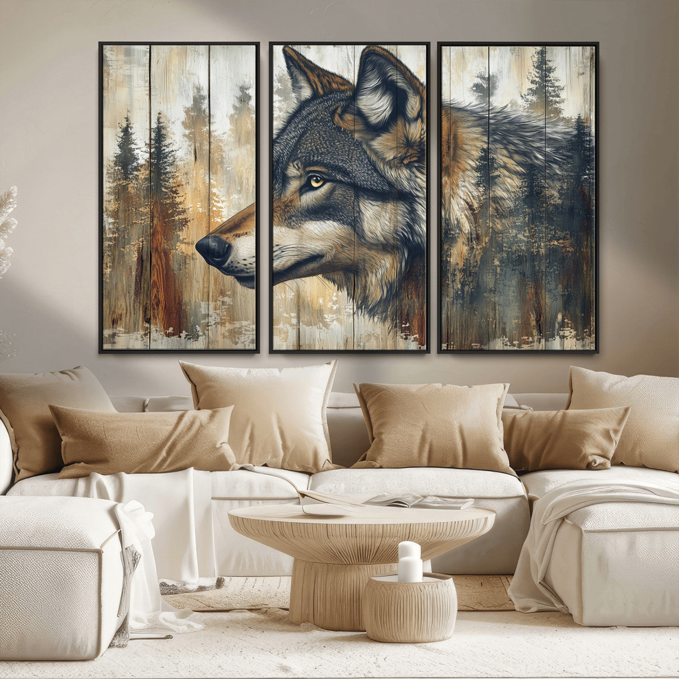91882-MGV-CV-36X24-Wolf Wall Art – Rustic Canvas Print of Forest Wolf on Wood Background, Wildlife Lodge Artwork for Living Room, Bedroom, Cabin, or