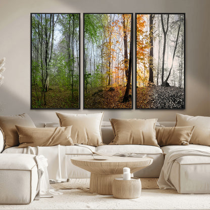 95317-MGV-FC-48X32-3P_Black-Four Seasons Forest Wall Art – Panoramic Nature Canvas Print Showing Spring, Summer, Autumn and Winter Landscape for Living Room,