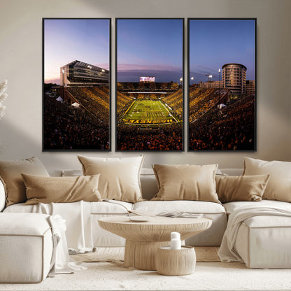 82557-MGV-FC-48X32-3P_Black-College Football Stadium Wall Art – Panoramic Sunset Canvas Print with Marching Band and Game Day Crowd, Sports Artwork for Man