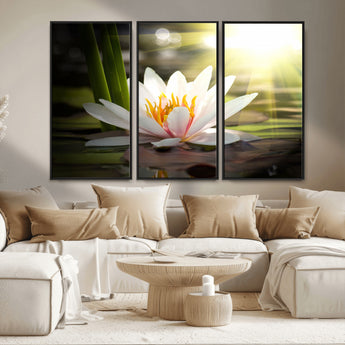 60352-MGV-CV-36X24-White Water Lily Wall Art – Lotus Flower Canvas Print with Sunlight Reflection, Peaceful Botanical Artwork for Living Room,