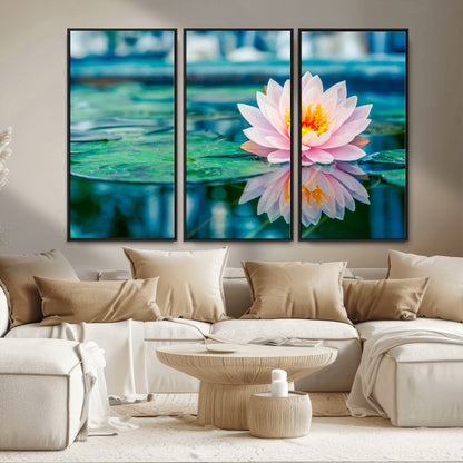 30320-MGV-FC-48X32-3P_Black-Pink Water Lily Wall Art – Lotus Flower Canvas Print with Reflection Water, Peaceful Botanical Artwork for Living Room, Bedroom,