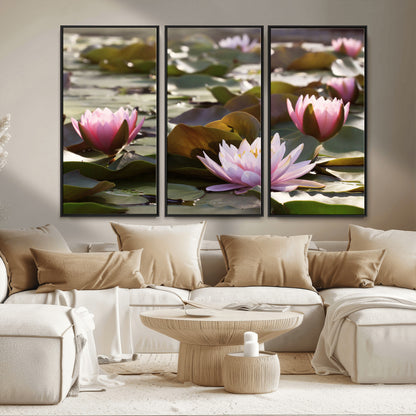 28394-MGV-FC-48X32-3P_Black-Water Lily Pond Wall Art – Pink Lotus Flowers Canvas Print with Green Lily Pads, Peaceful Botanical Artwork for Living Room,