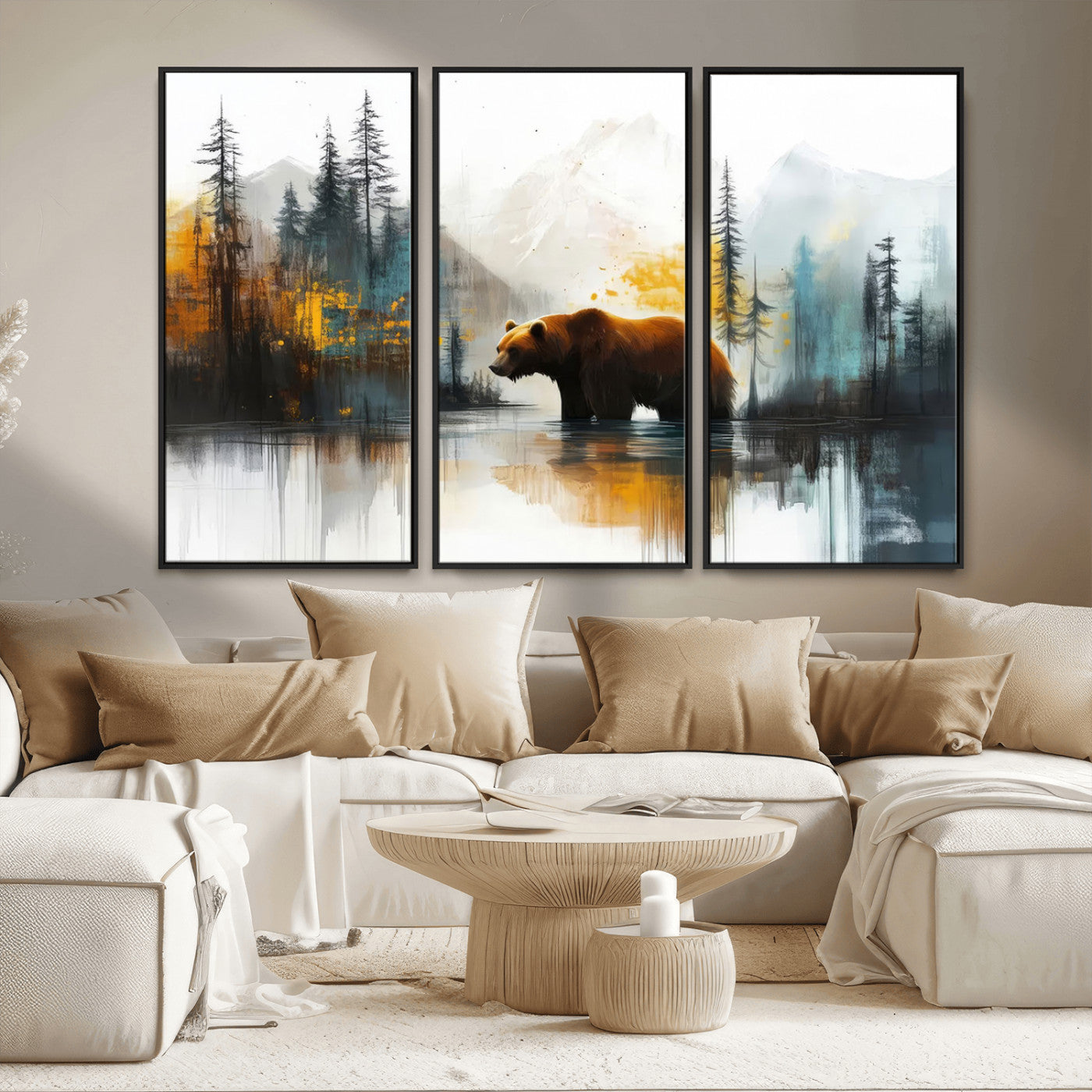 50308-MGV-CV-36X24-Abstract Rustic Bear Wall Art – Forest and Mountain Scene Canvas Print, Nature Artwork for Modern Farmhouse or Log Cabin Decor