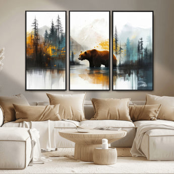 50308-MGV-CV-36X24-Abstract Rustic Bear Wall Art – Forest and Mountain Scene Canvas Print, Nature Artwork for Modern Farmhouse or Log Cabin Decor