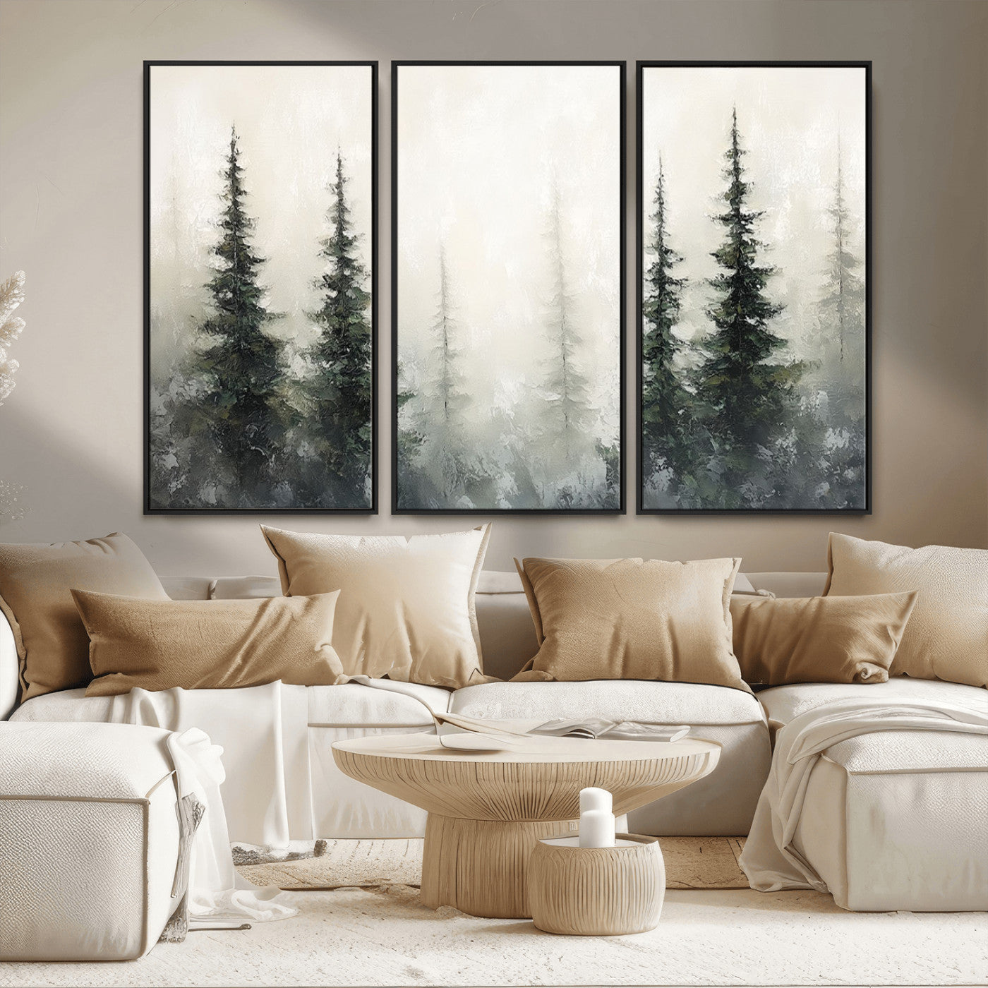 33241-MGV-FC-48X32-3P_Black-Misty Forest Wall Art Canvas Print, Framed Foggy Pines Art Picture Print, Forest Haze Perfect Rustic Minimalist Decor Artwork