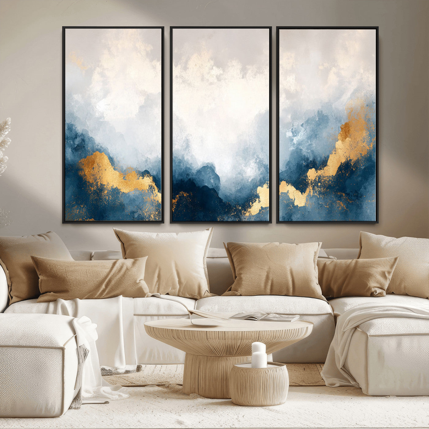 14578-MGV-CV-36X24-Abstract Wall Art – Modern Canvas Print Featuring Blue and White Clouds with Golden Accents, Contemporary Elegant Artwork for