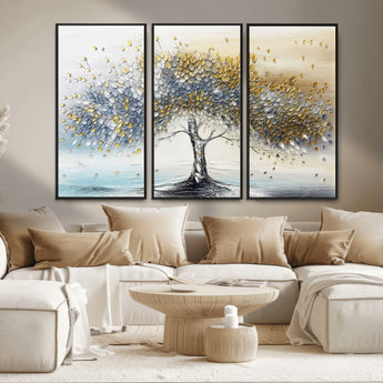 24771-MGV-FC-48X32-3P_Black-Silver Tree Wall Art Canvas Print, Framed Golden Leaves Art Picture Print, Metallic Tree Perfect Minimalist Luxury Decor Artwork