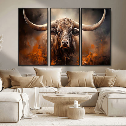 240479-MGV-FC-48X32-3P_Black-Longhorn Bull Wall Art – Dramatic Western Canvas Print Featuring Horned Bull with Fiery Background, Rustic Farmhouse Artwork for