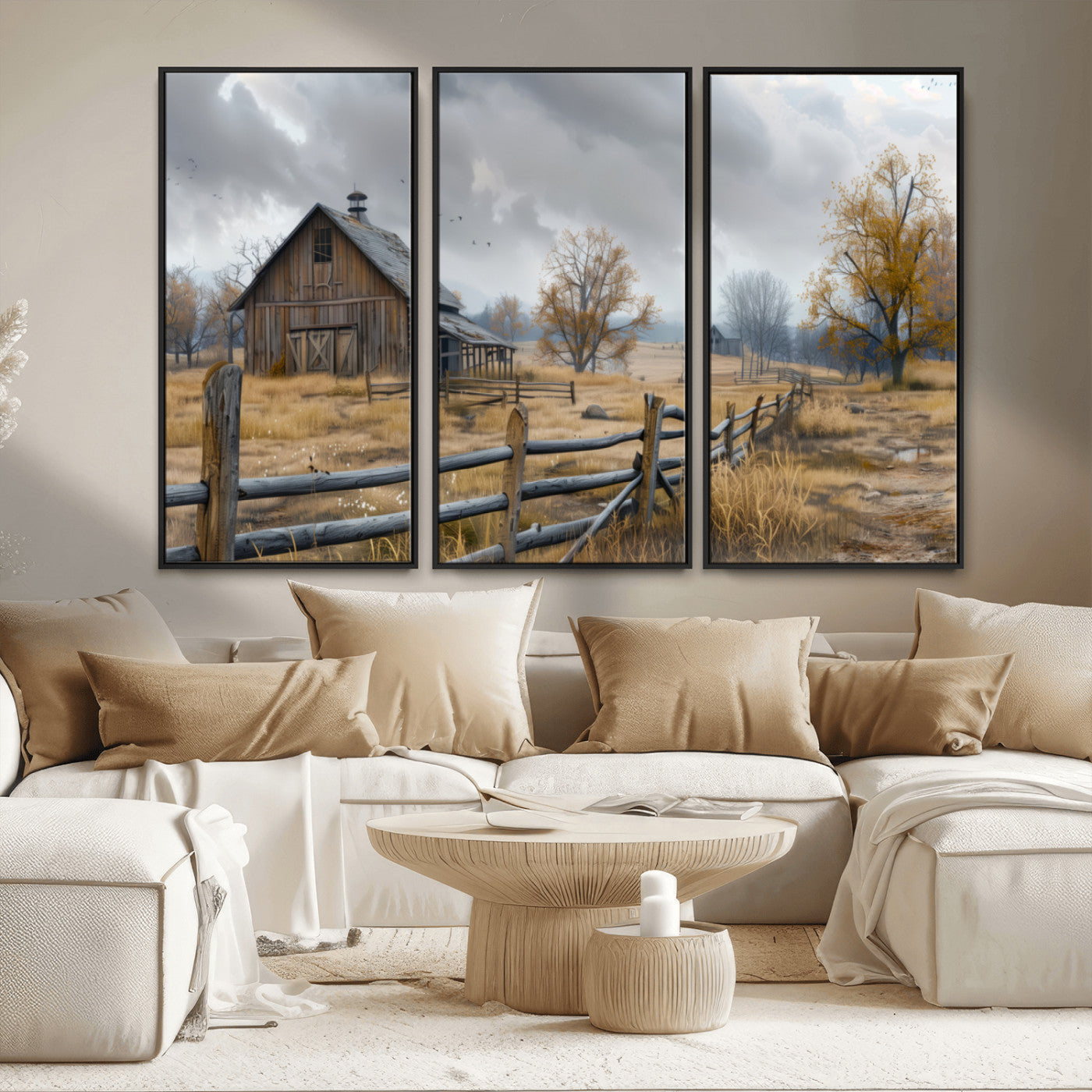 Farm1-MGV-CV-36X24-Rustic Autumn Farmhouse Wall Art – Serene Countryside Scene Canvas Print, Weathered Barn and Autumn Trees Decor for Living Room,