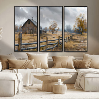 Farm1-MGV-CV-36X24-Rustic Autumn Farmhouse Wall Art – Serene Countryside Scene Canvas Print, Weathered Barn and Autumn Trees Decor for Living Room,