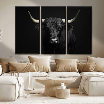 97914921-MGV-FC-48X32-3P_Black-Black Bull Wall Art Canvas Print, Framed Longhorn Bull Art Picture Print, Western Bull Perfect Monochrome Western Decor Artwork