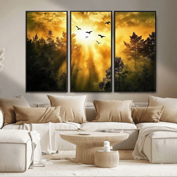 13776802-MGV-CV-36X24-Golden Forest Wall Art Canvas Print, Framed Sunset Pines Art Picture Print, Flying Birds Perfect Nature Glow Decor Artwork