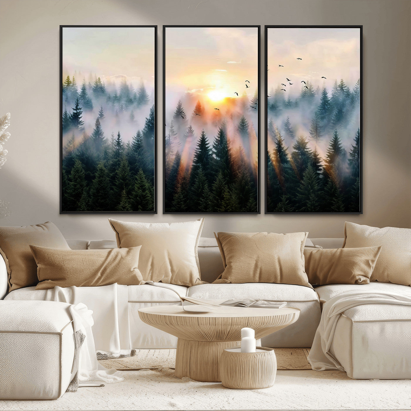 56391411-MGV-FC-48X32-3P_Black-Misty Forest Wall Art Canvas Print, Framed Sunrise Pines Art Picture Print, Moody Pines Perfect Serene Woodland Decor Artwork