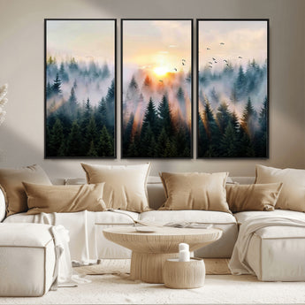 56391411-MGV-FC-48X32-3P_Black-Misty Forest Wall Art Canvas Print, Framed Sunrise Pines Art Picture Print, Moody Pines Perfect Serene Woodland Decor Artwork