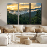 68082278-MGV-FC-48X32-3P_Black-Mountain Sunrise Wall Art Canvas Print, Framed Pine Forest Art Picture Print, Misty Mountains Perfect Earthy Woodland Decor