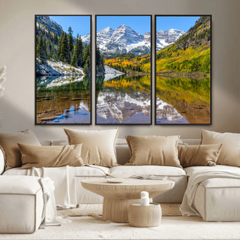 87724099-MGV-FC-48X32-3P_Black-Maroon Bells Wall Art Canvas Print, Framed Snowy Mountains Art Picture Print, Pine Forest Perfect Vibrant Alpine Decor Artwork