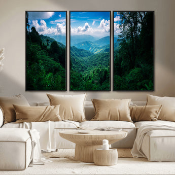 74439378-MGV-FC-48X32-3P_Black-Tropical Jungle Wall Art Canvas Print, Framed Lush Valley Art Picture Print, Forest Mountains Perfect Tropical Wilderness Decor