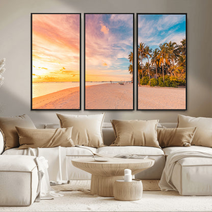 41542880-MGV-FC-48X32-3P_Black-Tropical Beach Wall Art Canvas Print, Framed Palm Trees Art Picture Print, Sunset Shore Perfect Tropical Coastal Decor Artwork
