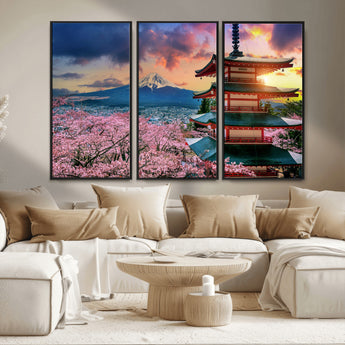 32331262-MGV-FC-48X32-3P_Black-Mount Fuji Japan Wall Art – Cherry Blossom Landscape Canvas Print, Chureito Pagoda Sunset Photography, Japanese Nature Travel