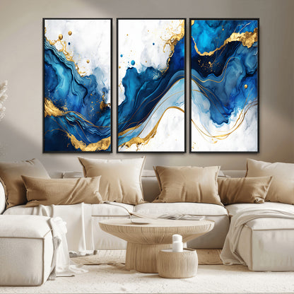 33506371-MGV-CV-36X24-Blue Marble Wall Art Canvas Print, Framed Gold Splash Art Picture Print, Abstract Wave Perfect Modern Luxe Decor Artwork
