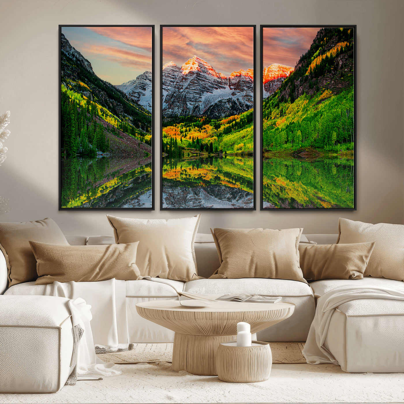 59533484-MGV-CV-36X24-Maroon Bells Autumn Wall Art – Panoramic Mountain Landscape Canvas Print, Sunset Reflection Nature Artwork for Living Room, Office