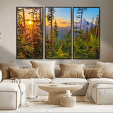 83544043-MGV-FC-48X32-3P_Black-Forest Sunset Wall Art Canvas Print, Framed Sunset Trees Art Picture Print, Green Pines Perfect Rustic Nature Decor Artwork