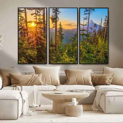 83544043-MGV-FC-48X32-3P_Black-Forest Sunset Wall Art Canvas Print, Framed Sunset Trees Art Picture Print, Green Pines Perfect Rustic Nature Decor Artwork