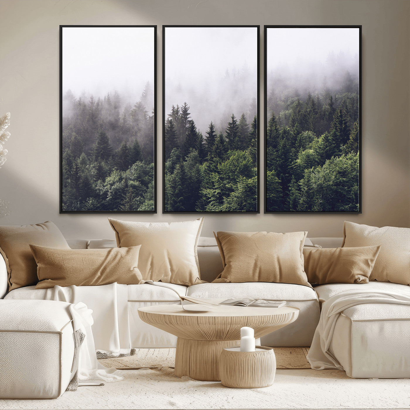 62890402-MGV-FC-48X32-3P_Black-Misty Forest Wall Art Canvas Print, Framed Foggy Pines Art Picture Print, Pine Valley Perfect Moody Woodland Decor Artwork