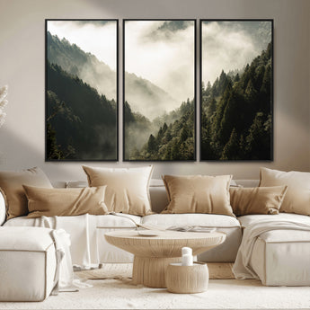57570237-MGV-CV-36X24-Misty Valley Wall Art Canvas Print, Framed Foggy Forest Art Picture Print, Pine Trees Perfect Moody Woodland Decor Artwork