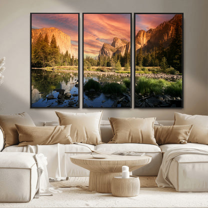 31199457-MGV-FC-48X32-3P_Black-Yosemite Valley Wall Art Canvas Print, Framed El Capitan Art Picture Print, Sunset Sky Perfect Vibrant Western Decor Artwork