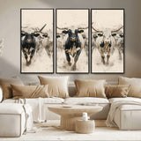 61538944-MGV-FC-48X32-3P_Black-Texas Longhorn Wall Art Canvas Print, Framed Cattles Walking Art Picture Print, Black White Bulls Perfect Rustic Western Decor