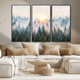92718976-MGV-CV-36X24-Misty Forest Wall Art Canvas Print, Framed Sunrise Pines Art Picture Print, Foggy Woodland Perfect Moody Woodland Decor Artwork
