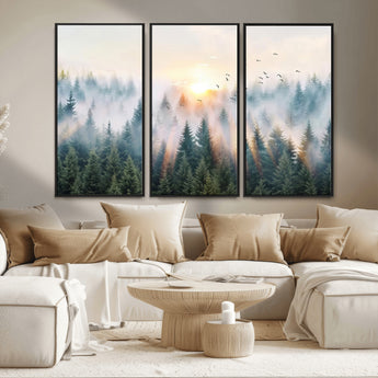 92718976-MGV-CV-36X24-Misty Forest Wall Art Canvas Print, Framed Sunrise Pines Art Picture Print, Foggy Woodland Perfect Moody Woodland Decor Artwork