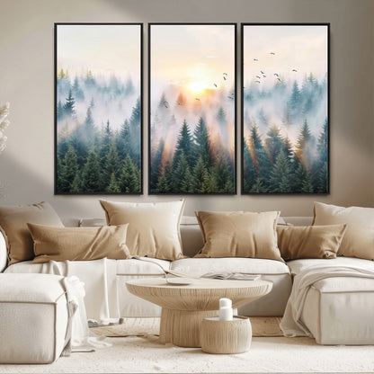 92718976-MGV-CV-36X24-Misty Forest Wall Art Canvas Print, Framed Sunrise Pines Art Picture Print, Foggy Woodland Perfect Moody Woodland Decor Artwork