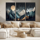 11060882-MGV-CV-36X24-Moonlit Mountains Wall Art Canvas Print, Framed Forest Silhouette Art Picture Print, Night Landscape Perfect Modern Forest Decor