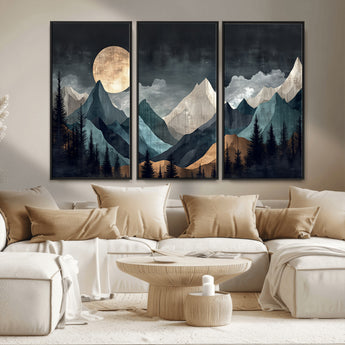 11060882-MGV-FC-48X32-3P_Black-Moonlit Mountains Wall Art Canvas Print, Framed Forest Silhouette Art Picture Print, Night Landscape Perfect Modern Forest Decor