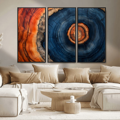 72209152-MGV-FC-48X32-3P_Black-Abstract Tree Ring Wall Art – Vibrant Blue Orange Wood Grain Canvas Print, Rustic Modern Nature Artwork for Living Room, Office,