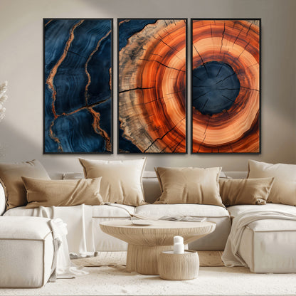 41123192-MGV-CV-36X24-Tree Ring Canvas Wall Art – Abstract Blue Orange Wood Grain Print, Rustic Modern Nature Artwork for Living Room, Bedroom, Office