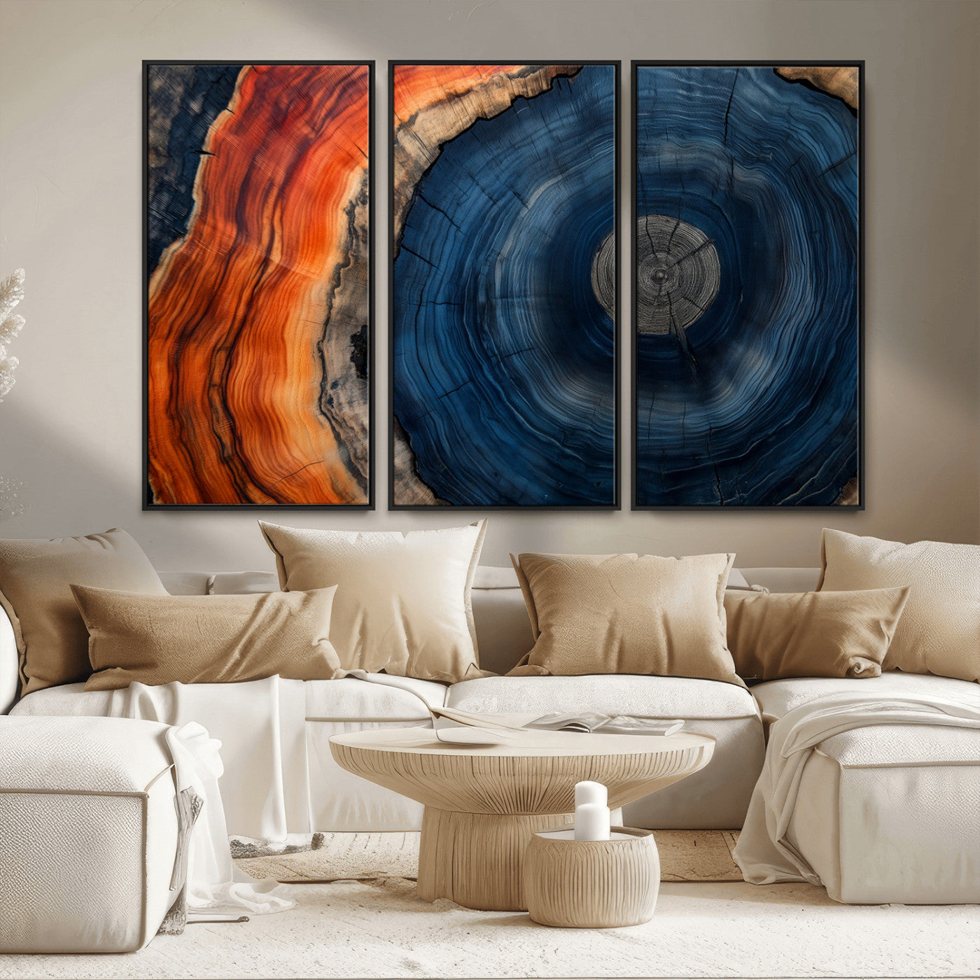 99491700-MGV-FC-48X32-3P_Black-Tree Ring Canvas Wall Art – Blue Orange Abstract Wood Grain Print, Rustic Modern Nature Artwork for Living Room, Office, Bedroom
