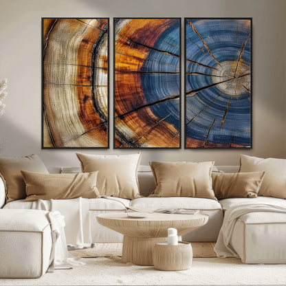 18032999-MGV-CV-36X24-Tree Ring Wall Art – Blue Brown Abstract Wood Slice Canvas Print, Rustic Modern Nature Decor for Living Room, Office, Bedroom or