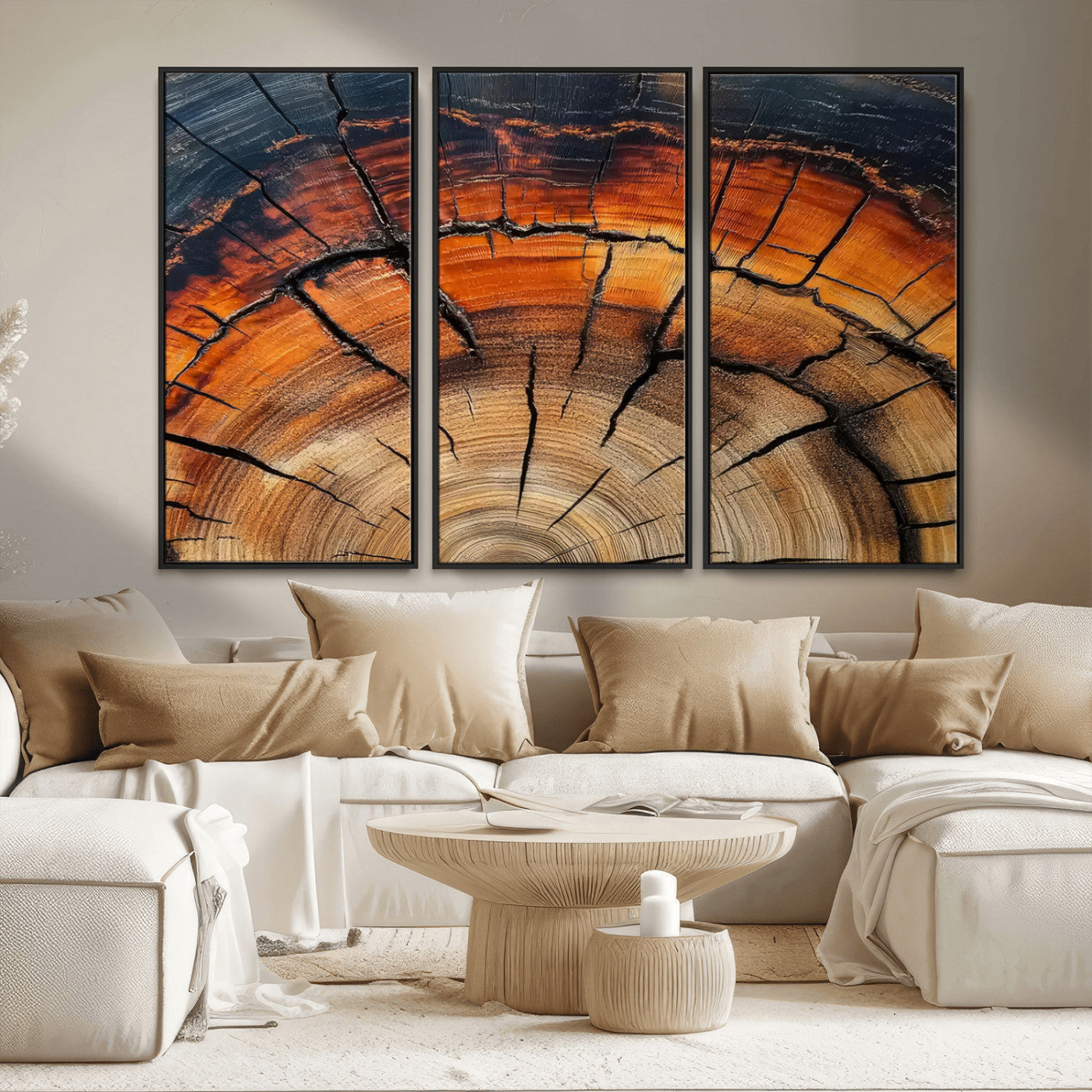 65909987-MGV-FC-48X32-3P_Black-Rustic Tree Ring Wall Art – Nature Inspired Wooden Texture Canvas Print, Modern Abstract Artwork for Living Room, Bedroom, Office