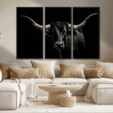 37531960-MGV-CV-36X24-Black Longhorn Bull Wall Art – Dramatic Western Cattle Canvas Print, Rustic Farmhouse Animal Artwork for Living Room, Bedroom,