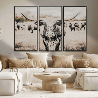 27497342-MGV-FC-48X32-3P_Black-Texas Longhorn Wall Art Canvas Print, Framed Speckled Cow Art Picture Print, Horned Cattle Perfect Rustic Western Decor Artwork