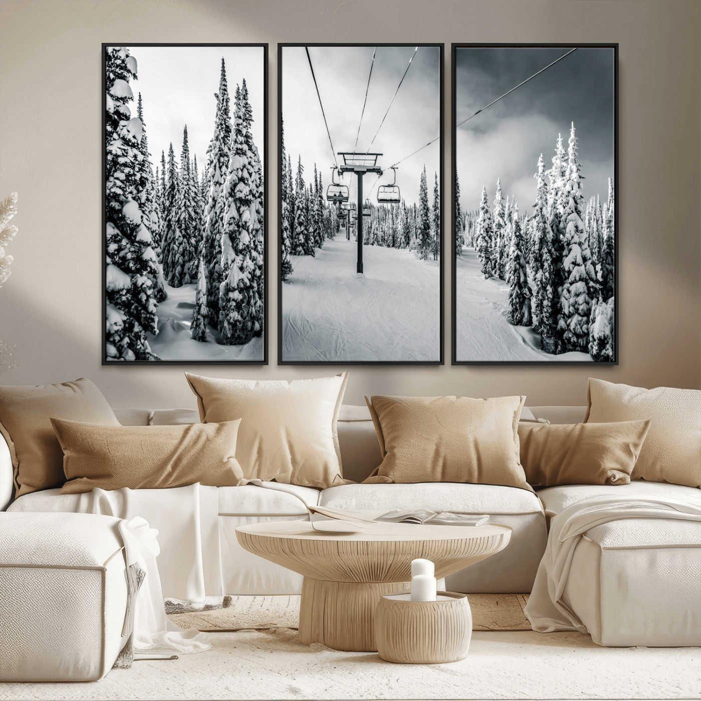 31156828-MGV-CV-36X24-Snowy Pines Wall Art Canvas Print, Framed Ski Lift Art Picture Print, Winter Forest Perfect Moody Lodge Decor Artwork