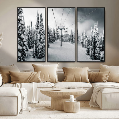 31156828-MGV-FC-48X32-3P_Black-Snowy Pines Wall Art Canvas Print, Framed Ski Lift Art Picture Print, Winter Forest Perfect Moody Lodge Decor Artwork