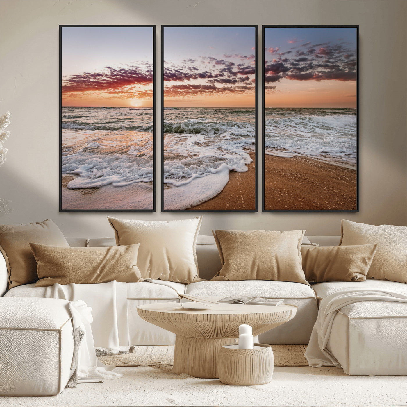 39846389-MGV-CV-36X24-Ocean Sunset Wall Art Canvas Print, Framed Sandy Shore Art Picture Print, Gentle Waves Perfect Minimalist Coastal Decor Artwork