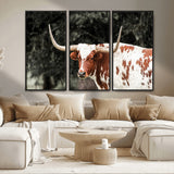 54027638-MGV-CV-36X24-Texas Longhorn Wall Art Canvas Print, Framed Spotted Cow Art Picture Print, Horned Bull Perfect Rustic Western Decor Artwork